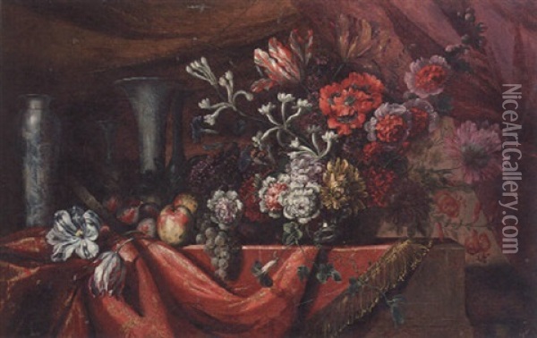 Carnations, Parrot Tulips, Morning Glory And Other Flowers In A Bowl With Fruit And Porcelain Vases On A Table Oil Painting - Etienne Barthelemy Garnier