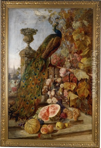 Groses Blumen Und Fruchtestuck Mit Pfau, Im Hintergrund Wien Oil Painting - Irma Komlosy