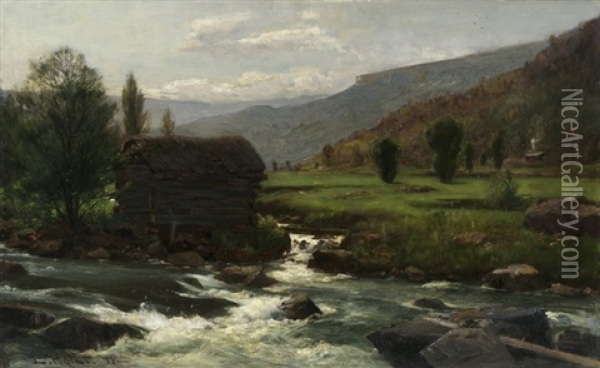 Norwegische Flusslandschaft Oil Painting - Laurits Bernhard Holst