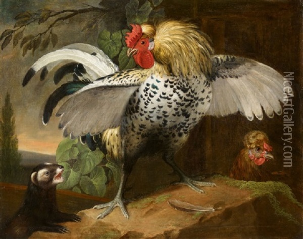 A Rooster Fighting A Polecat Oil Painting - Jacob Samuel Beck