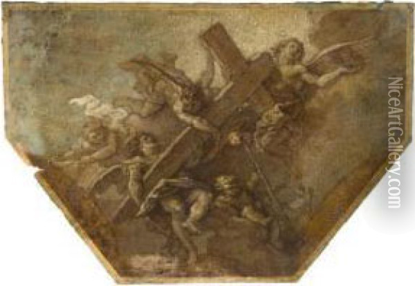 Trois Anges Et Putti Portant La Croix Oil Painting - Charles de Lafosse