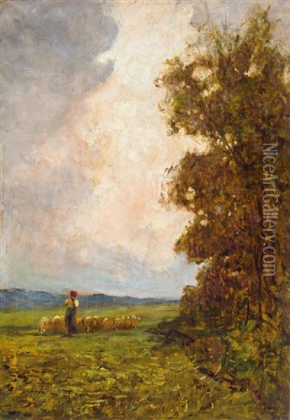Schaferin Mit Ihrer Schafherde In Abendlich Beleuchteter Landschaft Oil Painting - Giuseppe Buscaglione