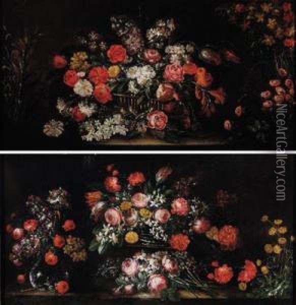 Coppia Di Nature Morte Con Fiori Oil Painting - Giuseppe Vincenzino