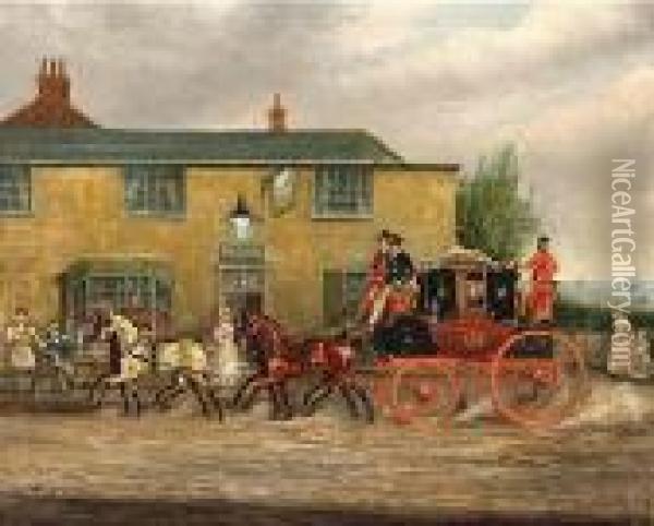 London To Dover Coach Outside An Inn Oil Painting - James Pollard