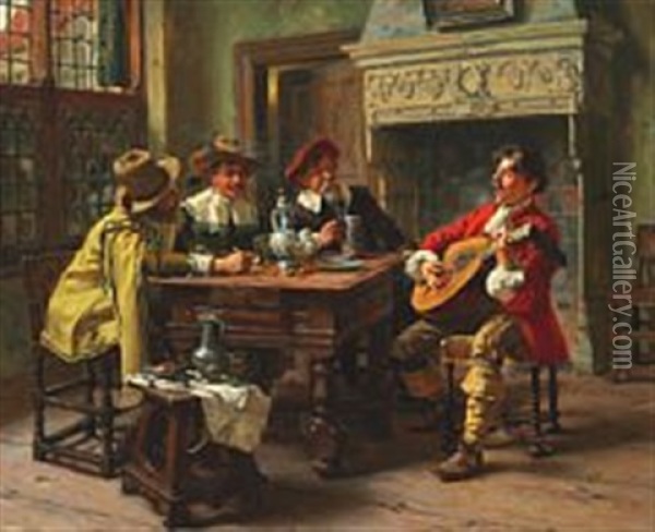 Interior With Cavaliers At A Festive Occasion Oil Painting - Albert Friedrich Schroeder