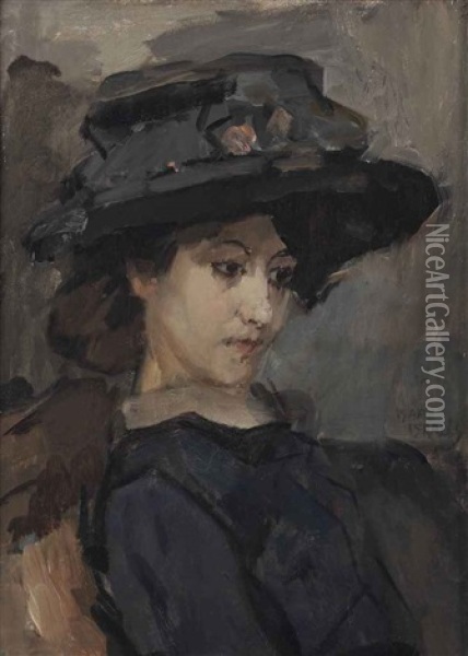 Jonge Vrouw Met Hoed: A Young Lady With A Black Hat Oil Painting - Isaac Israels