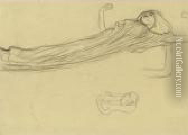 Property From A Private European
 Collection
 

 
 
 

 
 Schwebende Gewandfigur Nach Rechts, Wiederholung Des Linken 
Armes, Skizze (floating Draped Figure To The Right, Repetition Of The 
Left Arm, Sket Oil Painting - Gustav Klimt