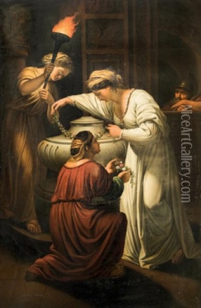 Andromaque Pleurant Sur Les Cendres D'hector; Cleopatre Pleurant Sur La Tombe De Marc Antoine (2 Works) Oil Painting - Angelika Kauffmann