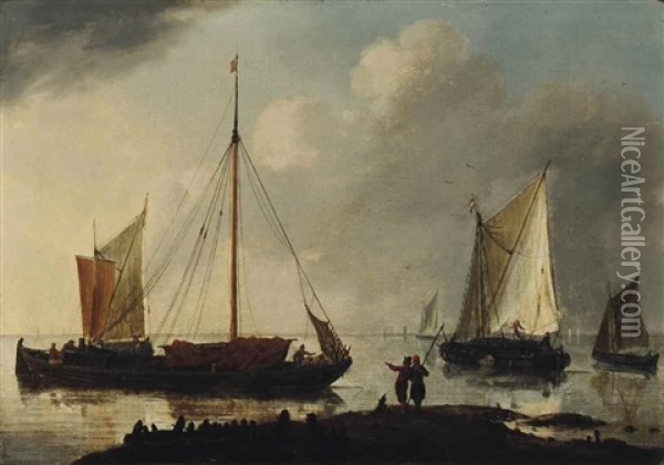 A Calm Coastal Landscape With Shipping And Figures Oil Painting -  Zeeman