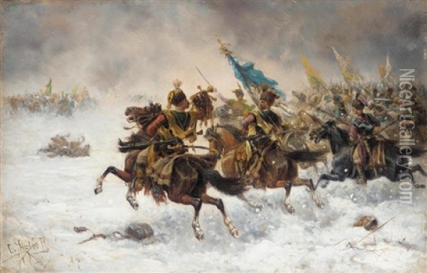 Charging Cossacks Oil Painting - Adolf (Constantin) Baumgartner-Stoiloff