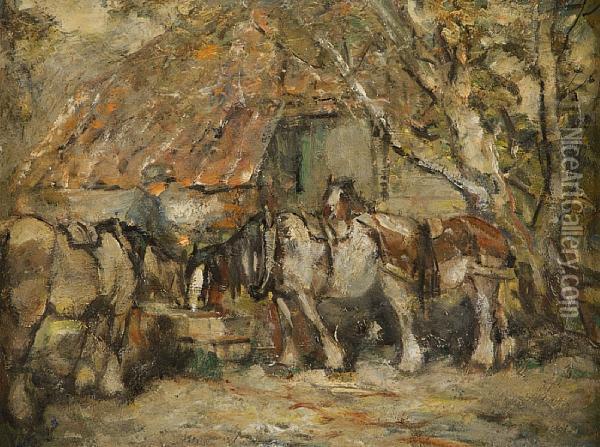 Watering Horses Near Aberdour Oil Painting - George Smith