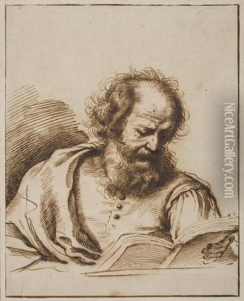 Study Of A Man Reading Oil Painting - Guercino