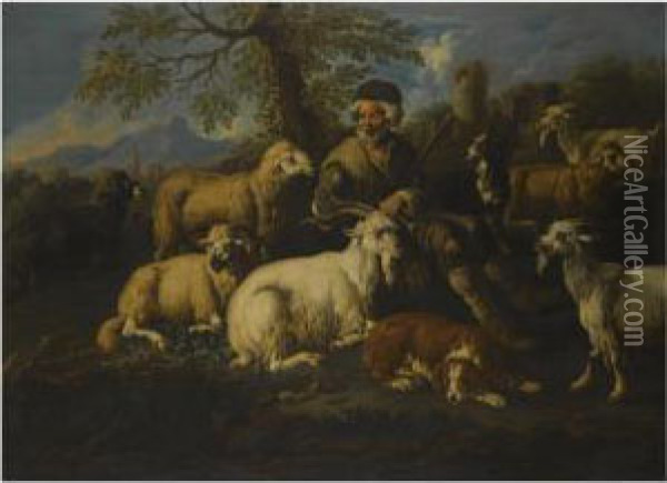A Herder Resting With His Animals In A Landscape Oil Painting - Johann Melchior Roos