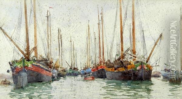 Gaily Coloured Fishing Vessels At Anchor Oil Painting - Henry Scott Tuke