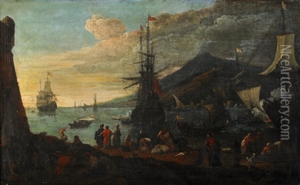 View From A Port, Probably Naples Oil Painting - Adriaen Van Der Cabel
