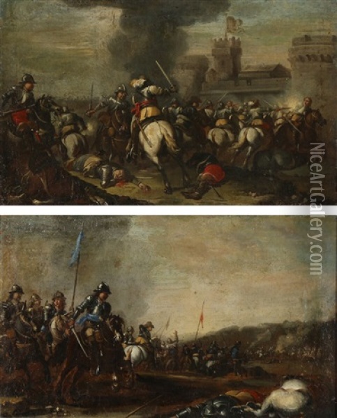 Two Battle Scenes With Horsemen Near A Fortress Oil Painting - Georg Philipp Rugendas the Elder