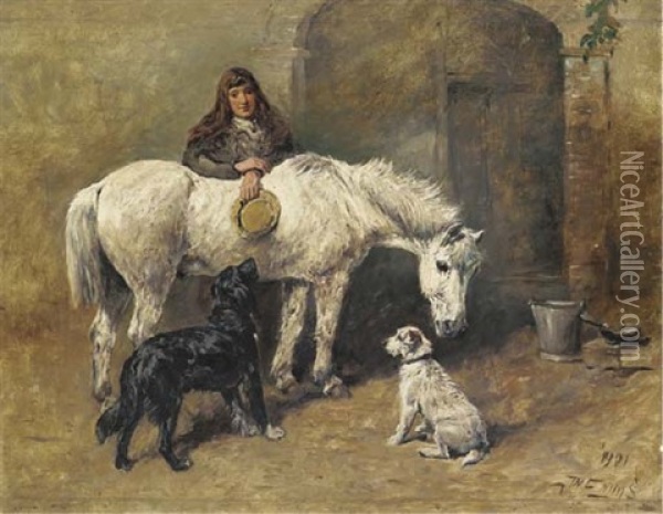 A Young Girl With A Pony And Dogs In A Courtyard Oil Painting - John Emms