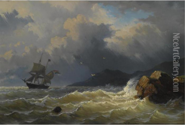 A Sailing Vessel Near A Rocky Coast Oil Painting - Willem Jun Gruyter