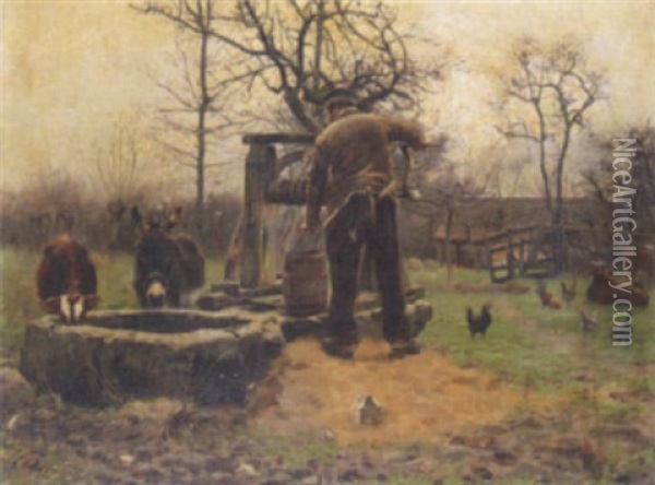 Livestock Around The Well Oil Painting - Adolphe Gustave Binet