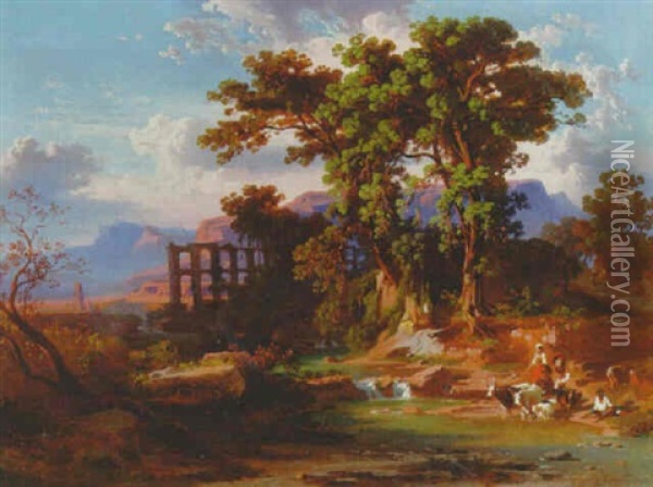 Peasants In An Italianate Landscape Oil Painting - Johann Jakob Frey