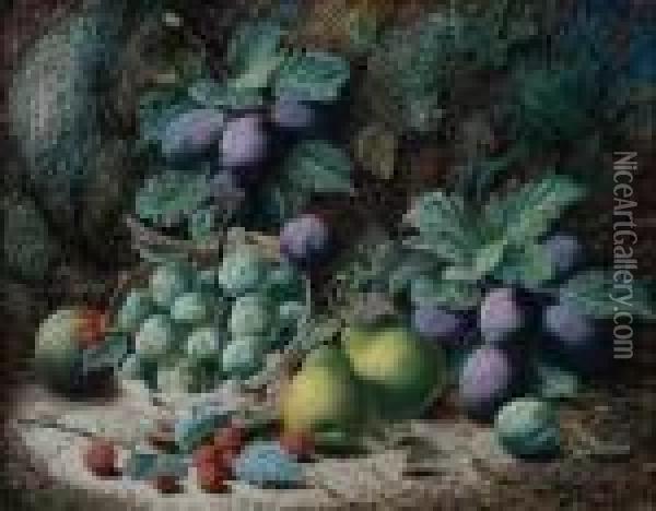 A Basket Of Greengages, Plums, Pears And Raspberries Against A Mossy Bank Oil Painting - Oliver Clare