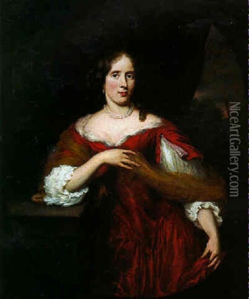 Portrait Of Lady Standing By A Curtain With Red Dress, Her Right Arm Leaning On Pedestal Oil Painting - Nicolaes Maes