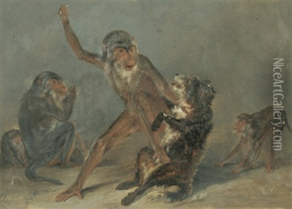 Affen Im Kampf Mit Einem Hund Oil Painting - Friedrich Anton (Hundewolf) Wolff