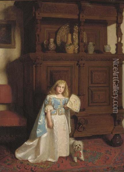 Portrait Of A Girl, Full-length, Holding A Fan, A Dog By Her Side Oil Painting - William B. Collier Fyfe