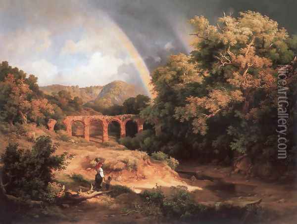 Italian Landscape with Viaduct and Rainbow 1838 Oil Painting - Karoly, the Elder Marko