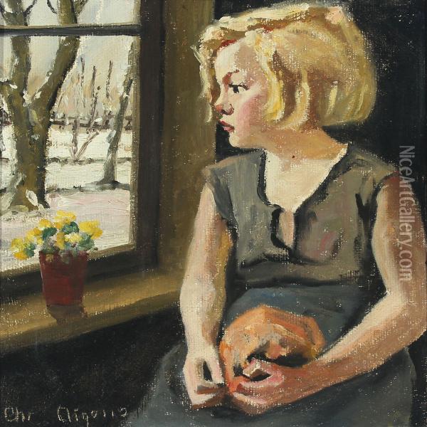 A Blond Girl By The Window Oil Painting - Christian Aigens