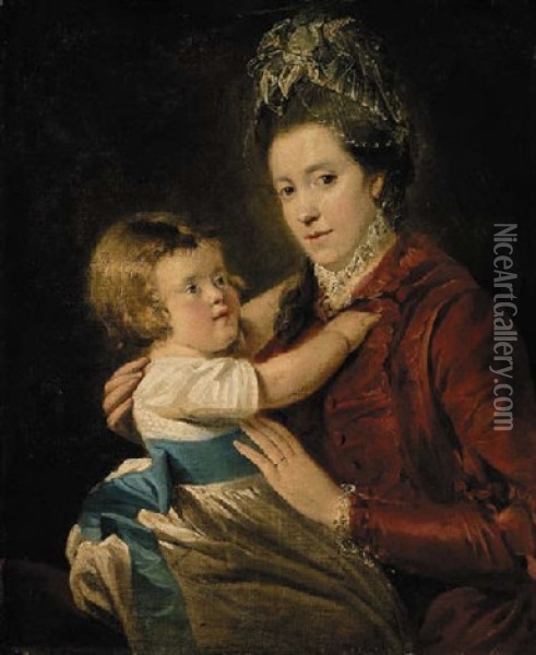Portrait Of Mrs. Moutray Of Favour Royal, Co.tyrone, With A Child Seated, The Former In A Red Dress Oil Painting - Thomas Robinson