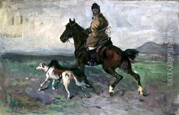 Rider with Greyhounds, c.1890 Oil Painting - Jan van Chelminski