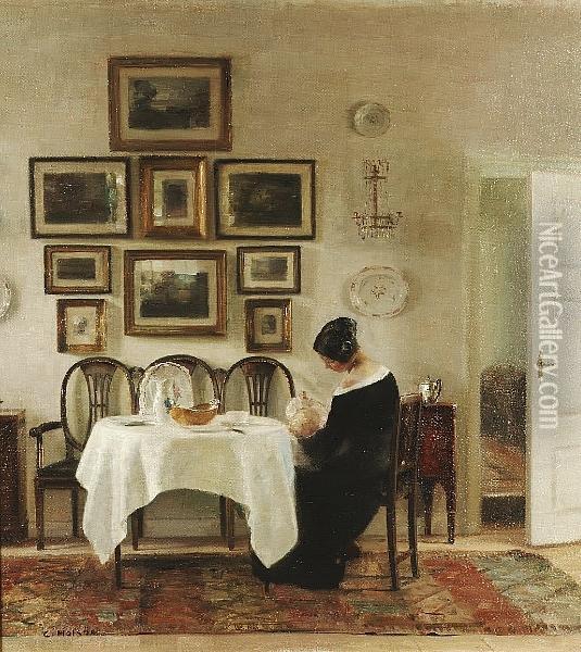 Mother And Child In A Dining Room Interior Oil Painting - Carl Vilhelm Holsoe
