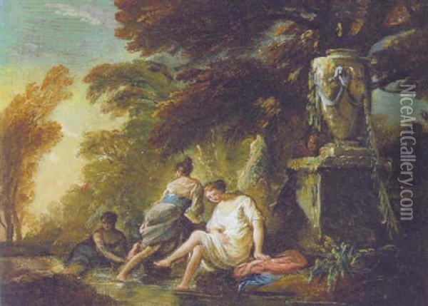 Nymphs Bathing In A Stream By A Sculpted Urn, A Man Looking On Oil Painting - Jean Baptiste Lallemand