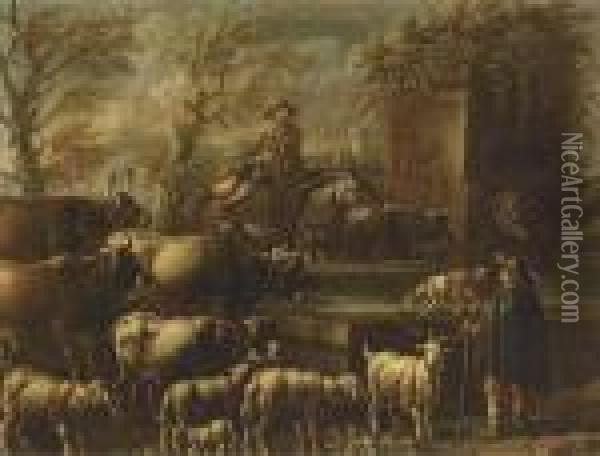 A Drover And A Shepherd 
Preparing To Leave With Their Cattle Andflock; And A Drover On Horseback
 Watering His Cattle At A Fountainand Shepherd With His Flock Oil Painting - Philipp Peter Roos