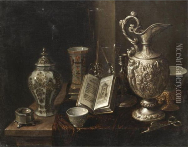 A Still Life With A Silver Ewer,
 A Candle Snuffer, Various Glasses And Porcelain Vases Together On A 
Marble Tabletop Draped With A Cloth Oil Painting - Pieter Gerritsz. van Roestraten