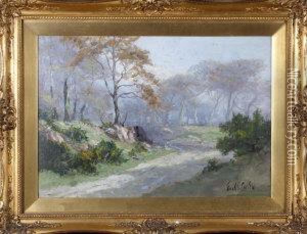 A Cart Track Through A Wood Oil Painting - Frank Thomas,francis Carter