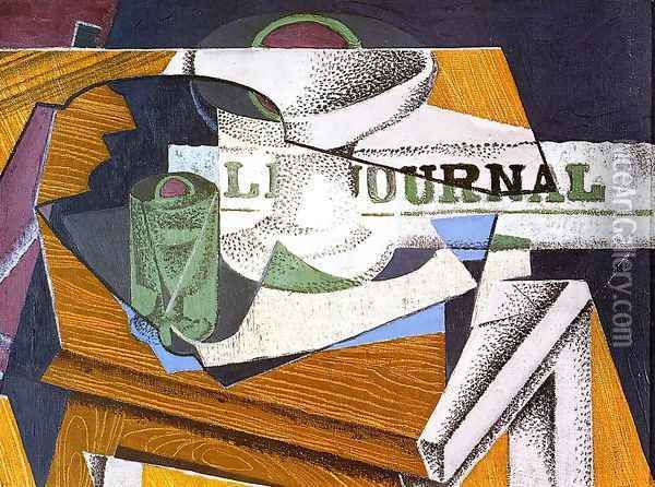 Fruit Bowl, Book and Newspaper Oil Painting - Juan Gris