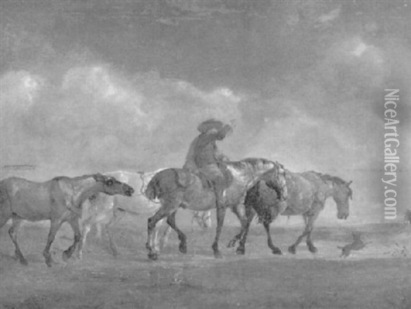 Pferdehirt An Der Furt Oil Painting - Johann Heinrich Menken
