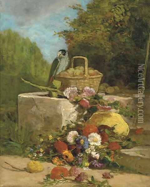 Perroquet, fruits et fleurs dans un jardin Oil Painting - Eugene Boudin