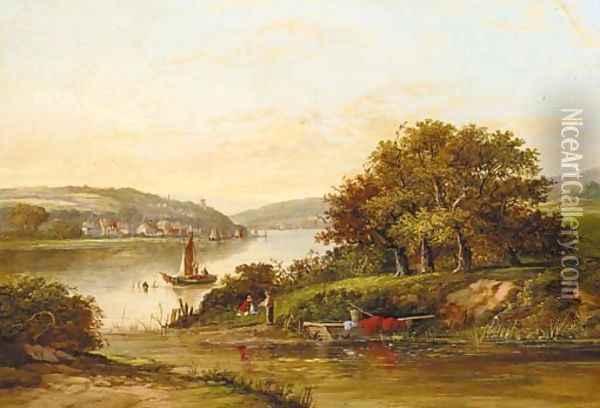 An angler on the bank of a river with a town beyond Oil Painting - Walter Williams