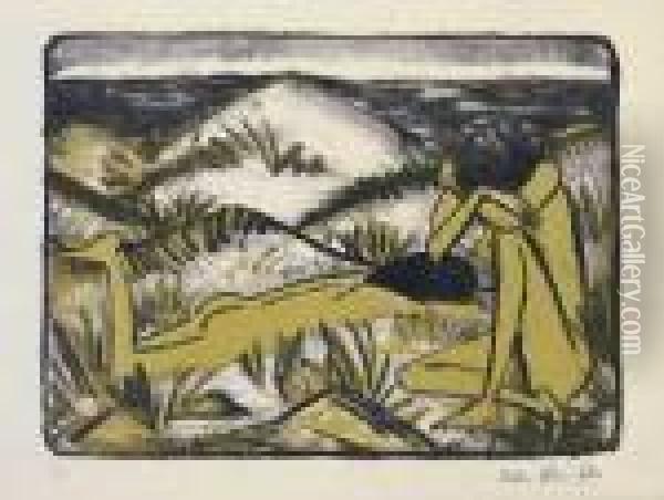 Ein In Dunen Sitzendes Und Ein Liegendes Madchen (zwei Madchen In Den Dunen, Sylt) Oil Painting - Otto Mueller