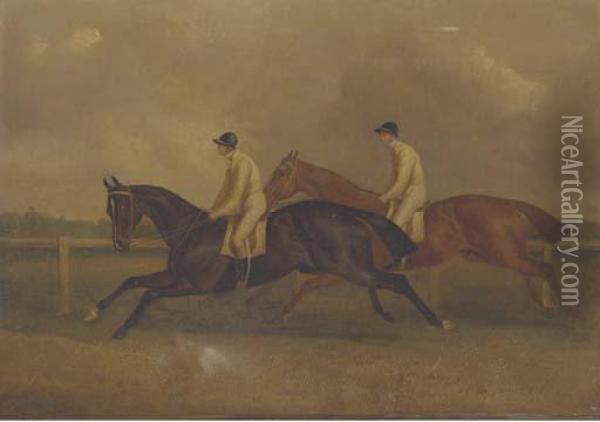 The Celebrated St. Leger, 1840, With Lord Westminster's Launcelotand Maroon Oil Painting - John Frederick Herring Snr