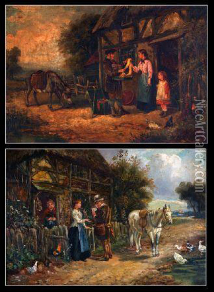 Figures And Animals Before A Cottage Oil Painting - John Locker