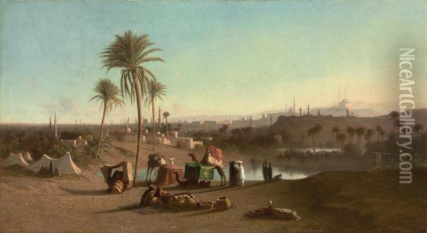 A View From The Desert Towards Cairo Oil Painting - Edouard Frere