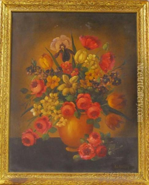 Still Life With Tulips, Peonies, Irises, And Poppies Oil Painting - Henry L. Sanger