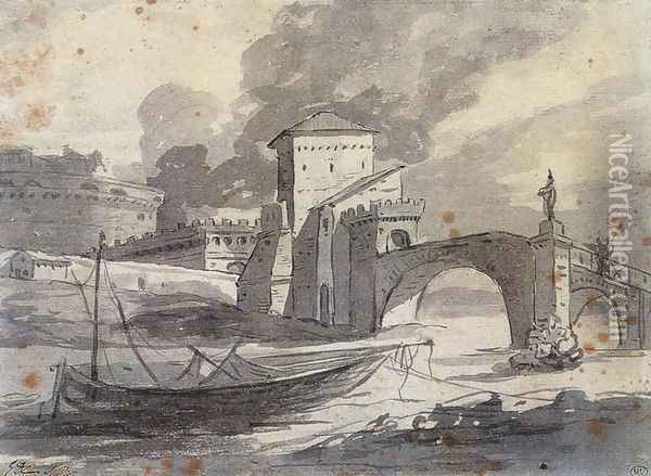 View of the Tiber and Castel St Angelo 1776-77 Oil Painting - Jacques Louis David