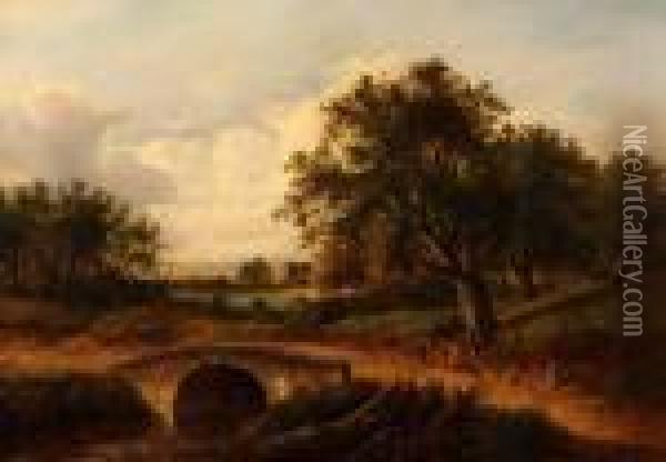 Landscape With Bridge Over River And Figures And Cottage In Distance Oil Painting - Joseph Thors