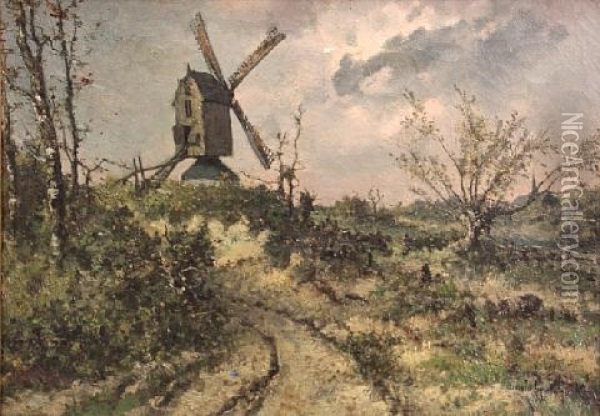 A Landscape With A Windmill Oil Painting - Emile-Adelard Breton