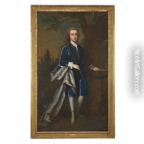 Portrait Of A Young Nobleman Holding Spear, Full-length, In A Landscape Oil Painting - Isaac Whood